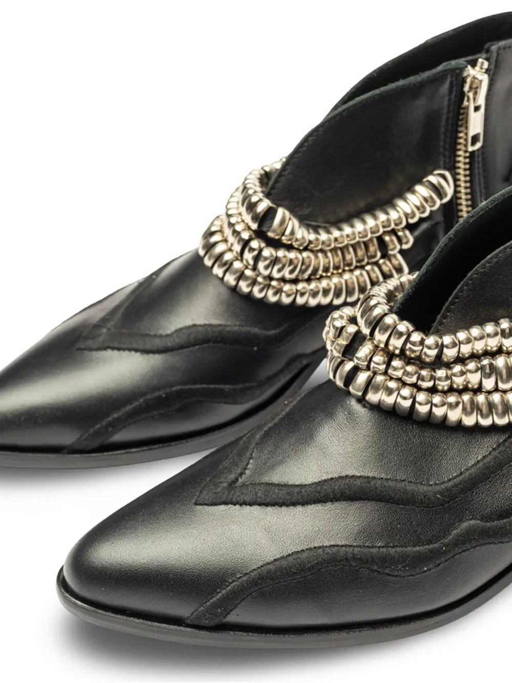 Black Leather Pointed Heeled Booties with Silver Bead Trim